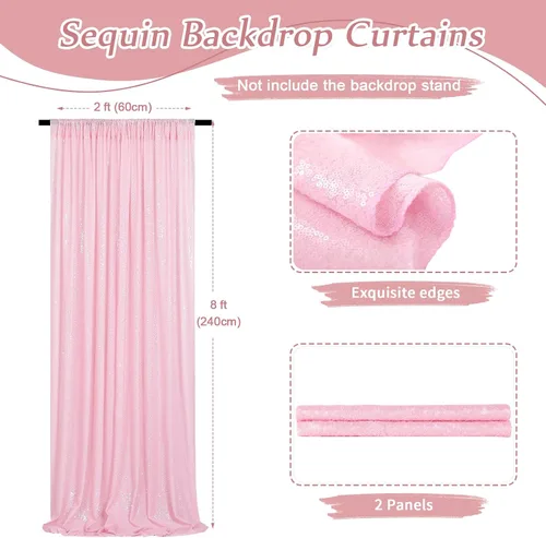 Miniatura 3 de Cortinas de fondo de lentejuelas rosas de 2 piezas, 2 pies x 8 pies, fondo de fotografía, cortina para fiestas con purpurina, fondo de boda, tela
