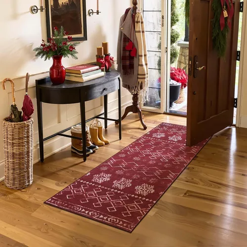 Miniatura 11 de jinchan – Alfombra de camino navideña 2x5 para cocina, pasillo y baño; roja con copos de nieve, decoración navideña, lavable, antideslizante