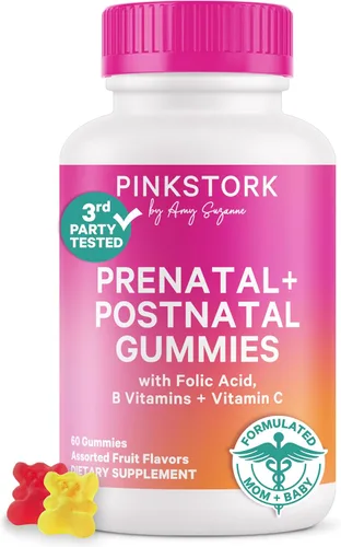 Pink Stork Fertilidad + vitaminas prenatales + gomosas posnatales – Apoyo completo para el viaje de la maternidad – Multivitamínico con folato,