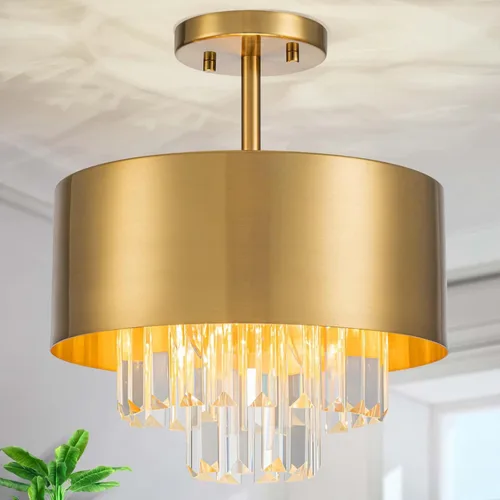LumFurn Lámpara de techo de cristal K9 de lujo de 3 luces para sala de estar, vestíbulo, dormitorio, lámpara semiempotrada cerca del techo, pantalla
