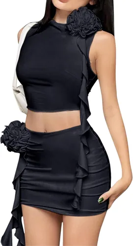 ISZPLUSH Y2k - Vestido corto sexy de 2 piezas para mujer, diseño floral 3D, sin tirantes, con borlas y volantes, vestido de fiesta, club, ropa de