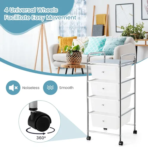 Miniatura 5 de COSTWAY Carrito de almacenamiento rodante con 4 cajones, carrito de almacenamiento de plástico y organizador con 4 cajones extraíbles, carrito