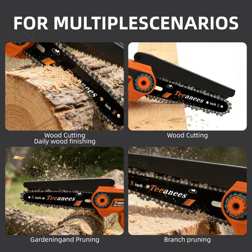 Miniatura 6 de Mini motosierra eléctrica inalámbrica de 8 pulgadas, sin escobillas de 1200 W, con 2 baterías de 4000 mAh y 4 cadenas, motosierra 2 en 1 de doble