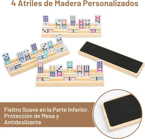 Miniatura 4 de Juego de dominó de tren mexicano con 4 bandejas de madera/estantes de madera, juego de viaje doble de 12 dominó con 4 soportes para azulejos