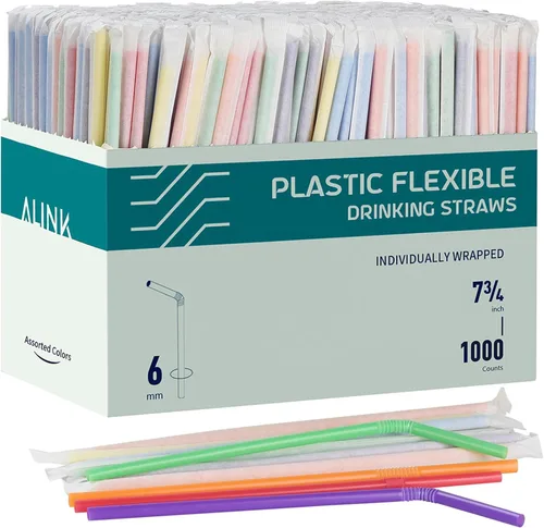 ALINK 1000 unidades de pajitas de plástico flexibles y coloridas, envueltas individualmente, pajitas plegables desechables - 19,7 cm x 0,58 cm