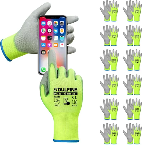 Miniatura 23 de DULFINE Guantes de trabajo de seguridad con revestimiento de poliuretano para hombres y mujeres - 12 pares, guante de punto sin costuras negro