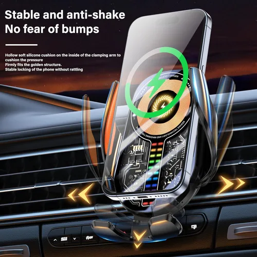Miniatura 8 de Soporte inalámbrico para teléfono de automóvil de 15 W, sujeción de detección automática de 3 ejes, rotación de 360°, soporte de teléfono de carga