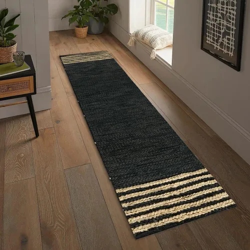 Miniatura 7 de GRUHUM Alfombra de pasillo de yute 2'6" x 8' pies, fibra natural, negra, rectangular, de yute, cuero, tejida a mano, estilo bohemio, para casa