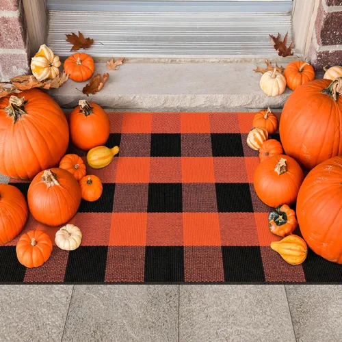 Miniatura 41 de Alfombra de Exterior de Cuadros Buffalo 2x3 pies, Alfombra Tejida de Algodón Negro y Blanco Roto, Tapetes para Puerta de Porche Frontal, Alfombra