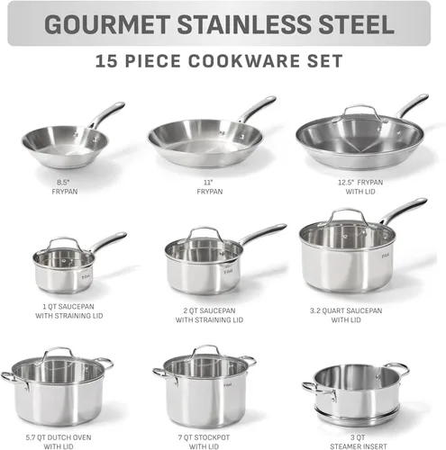 Miniatura 2 de T-fal Gourmet - Juego de utensilios de cocina de acero inoxidable de 15 piezas, ollas y sartenes, apto para lavavajillas, apto para horno hasta 500