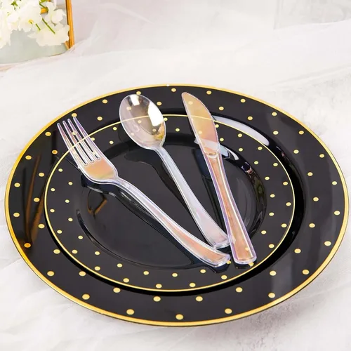 Miniatura 10 de Efavormart - Juego de 24 cubiertos de plástico transparente negro resistente con mango de punta acampanada, cuchara de tenedor desechable