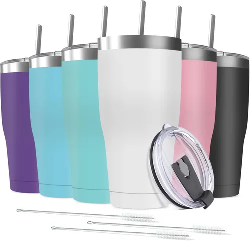 Miniatura 17 de Paquete de 8 vasos de acero inoxidable de 30 onzas a granel reutilizables con tapa, taza de café con recubrimiento de polvo de doble pared