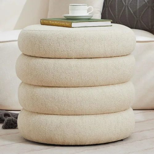 Otomana compacta redonda de lino con almacenamiento, taburete pequeño copetudo para dormitorio, otomana de almacenamiento moderna con tapa extraíble
