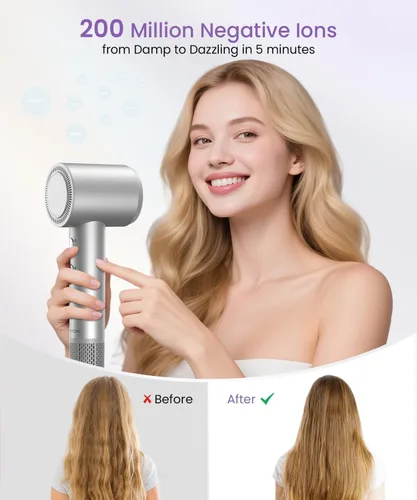 Miniatura 6 de Secador de pelo, secador de pelo iónico de alta velocidad con boquilla difusora para secado rápido, 2 velocidades y 4 temperaturas, secador de pelo