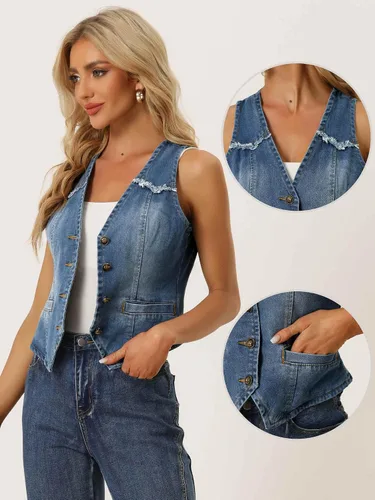 Miniatura 2 de Allegra K Chaleco de mezclilla para mujer, sin mangas, con cuello en V, lavado y desgastado