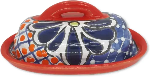 Cuenco para Mantequilla de Cerámica Talavera con Tapa Pintada a Mano, Auténtica Cerámica Mexicana de Cocina, Diseño Floral (Rojo)