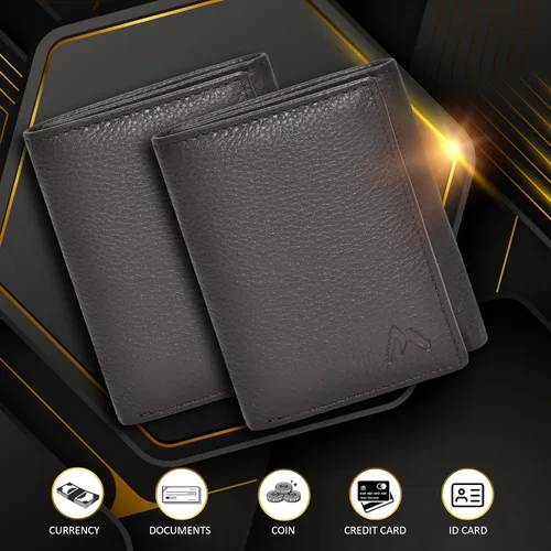 Miniatura 68 de Cartera de cuero RFID hecha a mano para hombres, elegante cartera de bolsillo frontal triple con 2 ranuras para identificación y 9 tarjetas, Negro