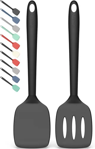 Coukre Juego de 2 Espátulas de Silicona, Resistente al Calor Alto, Libre de BPA, Espátula de Cocina, Volteador Sólido y Ranurado para Sartenes negro