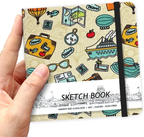 Miniatura 31 de Cuaderno de bocetos de bolsillo cuadrado de tapa dura de cuero PU de 5" x 5", 58 hojas de papel beige Dowling de 150 GSM, libro de bocetos de arte