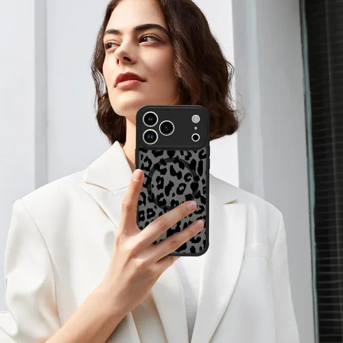 Miniatura 6 de Funda magnética para iPhone 17 Pro [compatible con MagSafe], bonita funda de moda con estampado de leopardo negro, translúcida, mate, parte trasera