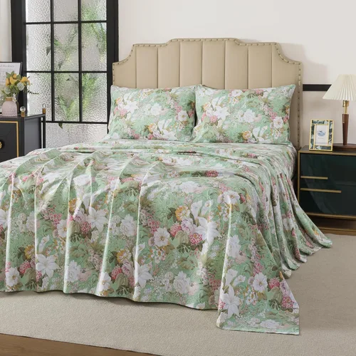 Miniatura 6 de FADFAY Juego de sábanas tamaño King, 100% algodón, elegante ropa de cama de granja con hojas verdes menta y flores blancas, sábana suave