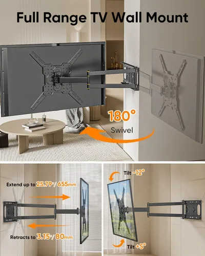 Miniatura 7 de FORGING MOUNT Soporte de TV de esquina con brazo largo de 25.6 pulgadas, soporte vertical vertical de pared para TV de movimiento completo, soporte
