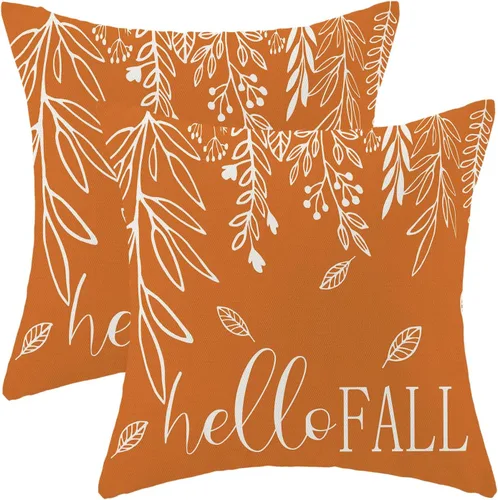 Miniatura 41 de AEIOAE - Juego de 2 fundas cuadradas de almohadones de lino para otoño con calabaza en tono naranja quemado y blanco, para decoración al aire libre