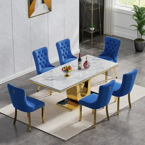 Miniatura 7 de SSLine Mesa de comedor moderna para mesa de cocina de mármol sintético de 6,70 pulgadas, mesa de comedor rectangular para muebles de cocina