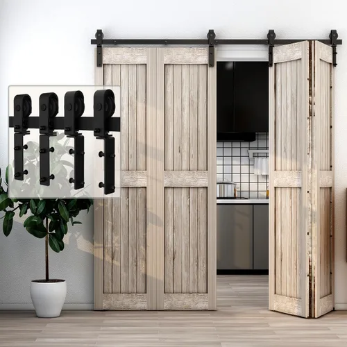 Kit de herrajes para puerta corrediza de granero biplegable de 84 pulgadas/7 pies para 4 puertas, herrajes para puertas de granero biplegables,