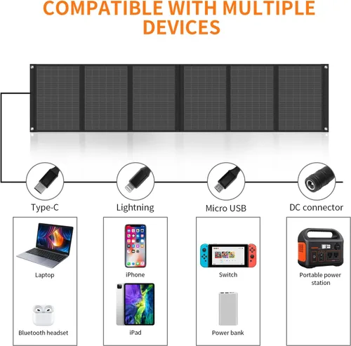 Miniatura 5 de Panel solar portátil – Paneles solares plegables de 60W con USB de 5V y DC de 18V para camping, teléfono móvil, tablet y dispositivos de 5-18V