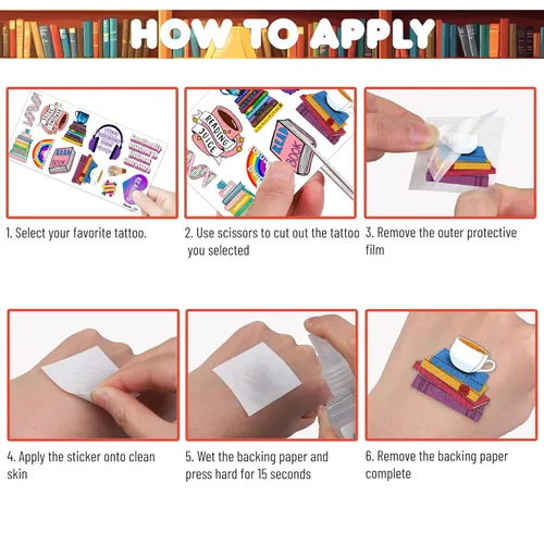 Miniatura 5 de (96 PCS) Libro de lectura Tatuajes temporales para niños, lindo nerd Bookish Calcomanías de recompensas escolares, suministros para fiestas
