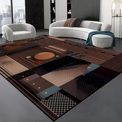 Miniatura 9 de Alfombra geométrica abstracta negra/marrón/naranja de 6x8 pies - Alfombra lavable multicolor moderna retro, alfombra antideslizante