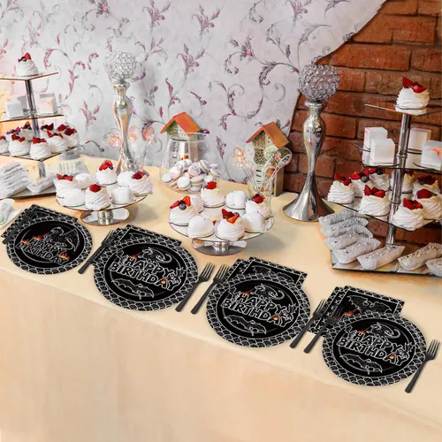 Miniatura 5 de 96 Piezas Decoraciones de Fiesta de Cumpleaños de Dragón Negro Vajilla de Mesa para Fiestas de Dragón Vajilla Desechable de Papel Platos de Postre