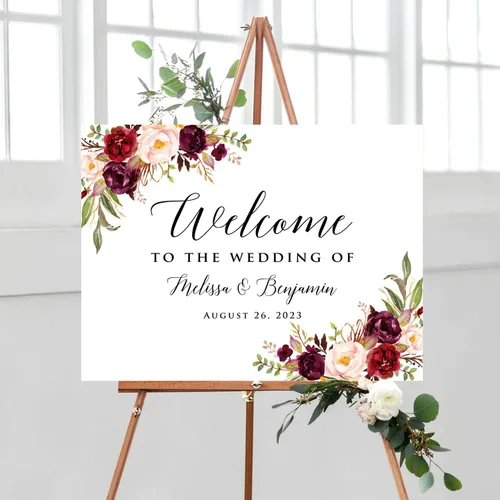Miniatura 9 de Cartel de bienvenida de boda floral azul claro personalizado, cena de ensayo para parejas, ducha, aniversario, fiesta, póster de bienvenida, lienzo