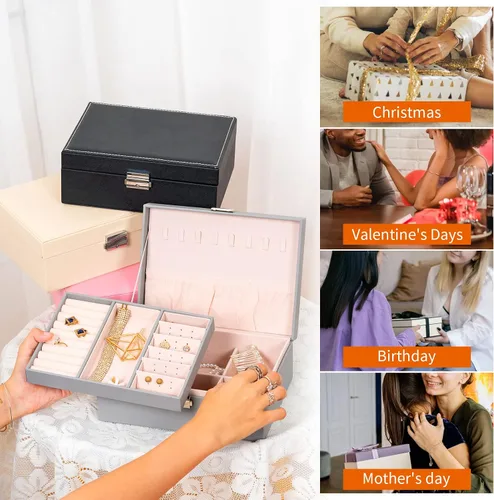 Miniatura 5 de Smileshe Joyero para mujeres y niñas, organizador de piel sintética con cerradura, 2 capas extraíbles de almacenamiento de viaje para anillos