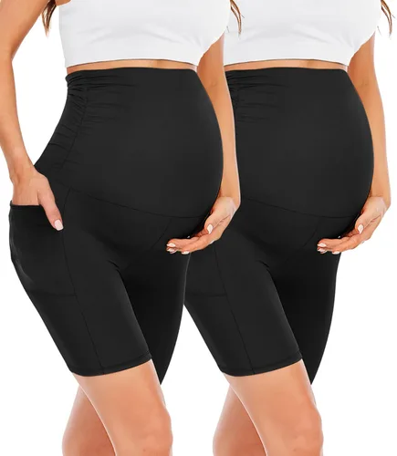 Happy.angel Paquete de 2 pantalones cortos de maternidad sobre el vientre, cintura alta, color negro, 8 pulgadas, pantalones cortos de ciclismo con