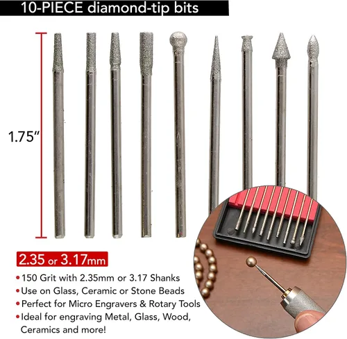 Miniatura 3 de The Beadsmith Juego de fresas – 10 piezas de puntas recubiertas de diamante – Grano 150 con vástagos de 0.093 in o 0.125 in – Uso en metal, vidrio