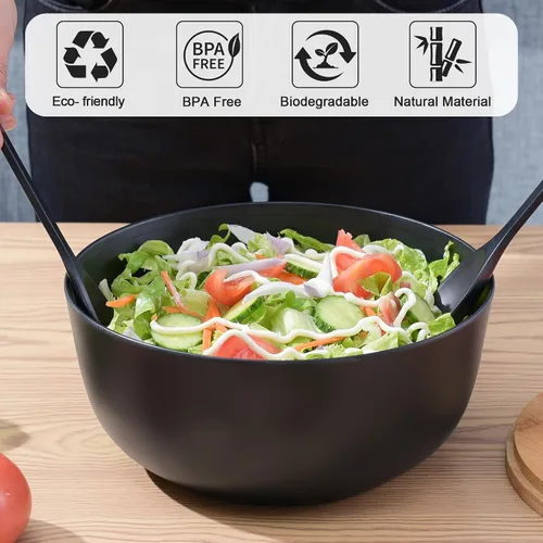 Miniatura 2 de GEHE - Juego de ensaladera de fibra de bambú con utensilios para servir - Grande de 9.8 pulgadas, recipientes para mezclar de bambú sólido