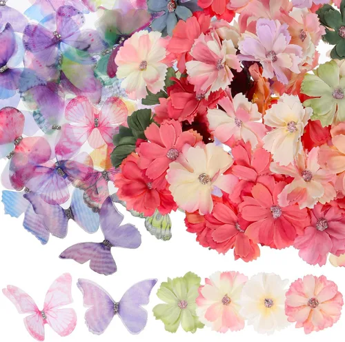 HOMSFOU Juego de flores de mariposa, cabezas florales sintéticas, apliques de mariposa de seda de doble capa para bodas, manualidades, decoración de