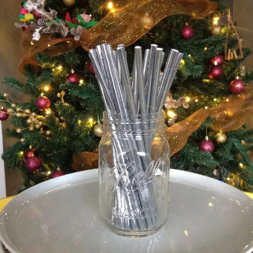 Miniatura 3 de ALINK Pajitas de papel de aluminio plateado a granel, paquete de 100 popotes metálicos a rayas, ondas, puntos para cumpleaños, bodas, novias/baby