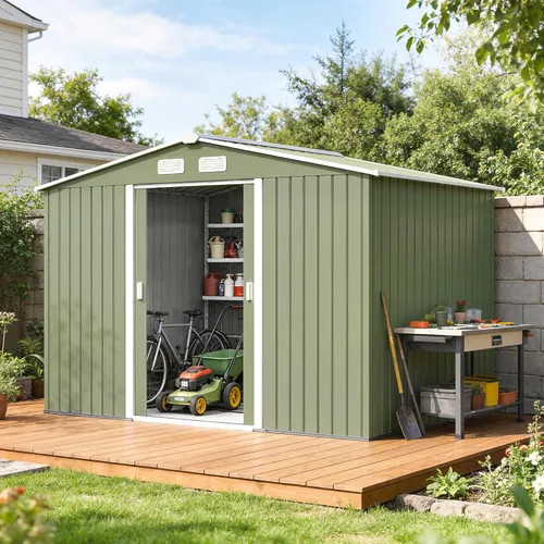 Miniatura 30 de Outsunny Cobertizo de almacenamiento exterior de 11' x 13', cobertizo de metal para herramientas de jardín con kit de cimentación, puerta con doble