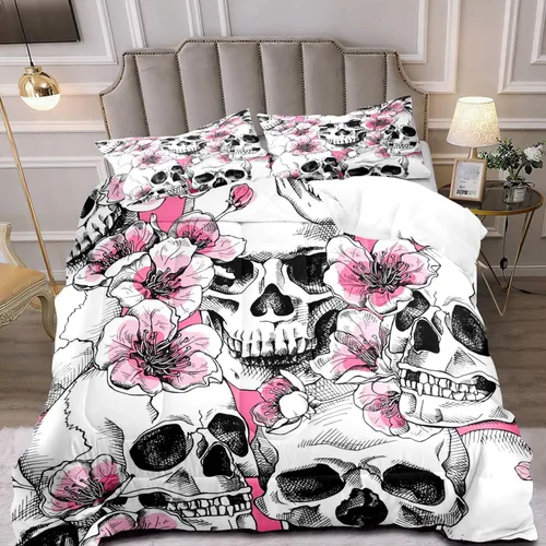 Miniatura 16 de LUVIVIHOME Juego de edredón de 3 piezas de calavera, tamaño King, negro, cuervo, murciélago, telaraña, esqueleto, gótico, calavera, blanco