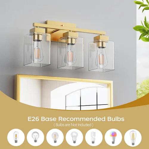 Miniatura 4 de PARTPHONER Lámparas de baño de 3 luces, luces de tocador modernas de oro cepillado, accesorios de iluminación de baño sobre el espejo, apliques