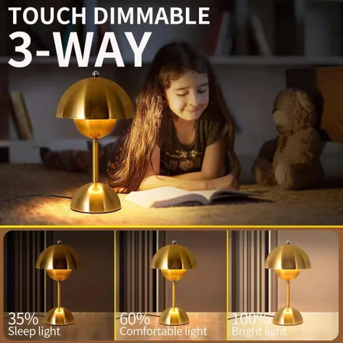 Miniatura 3 de Lámpara de mesa con control táctil, lámpara de seta dorada regulable, luz nocturna para dormitorio, sala de estar, estudio, cafetería, oficina, luz