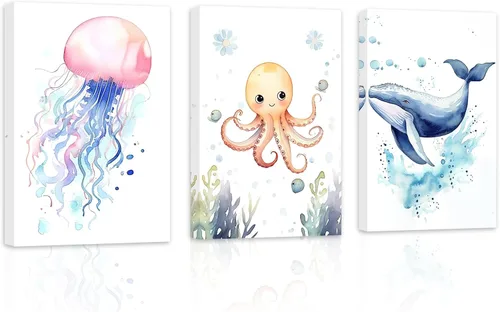 Miniatura 7 de ZXHYWYM Arte de pared de 3 piezas para habitación del bebé, diseño de tiburón de pulpo, caballito de mar, tiburón, impresiones sobre lienzo