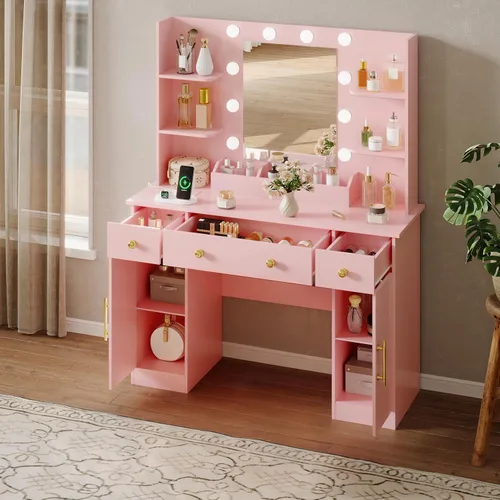 Miniatura 4 de HUANLEGO Escritorio de tocador con espejo y luces, tocador de maquillaje con espejo y luces LED y toma de corriente, 3 cajones y armarios, 3 modos