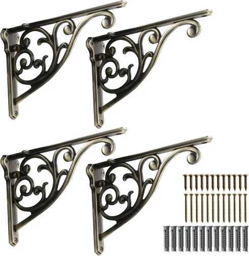 Miniatura 24 de Soportes de estante de 4 pulgadas, paquete de 4 soportes de pared de latón antiguo de alta resistencia, estantes decorativos de cocina victoriana