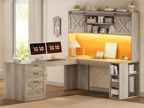 Miniatura 11 de SEDETA - Escritorio de 67 pulgadas en forma de L con gabinete, escritorios de oficina en casa con cajones y puertas correderas, escritorio esquinero