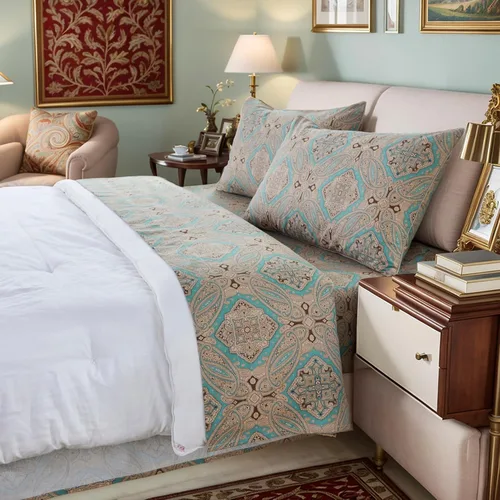 Miniatura 28 de Brandream Juego de sábanas tamaño King con estampado floral lujoso estilo bohemio con medallón azul y estampado de cachemira, colección de ropa