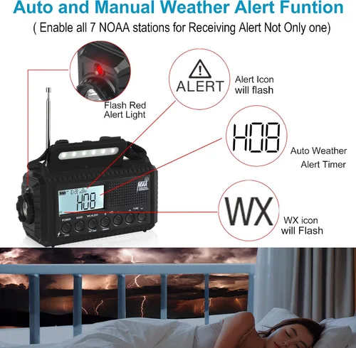 Miniatura 3 de Radio meteorológica digital NOAA 5000, manivela solar de 5 vías, cargador de radio de emergencia/teléfono portátil con pantalla LCD retroiluminada